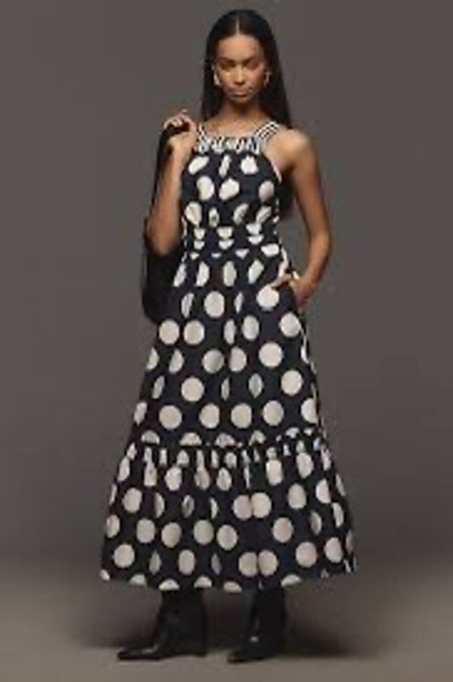 Anthropologie Somerset Poplin Halter Maxi Dress NWT XL Navy White Polka Dot